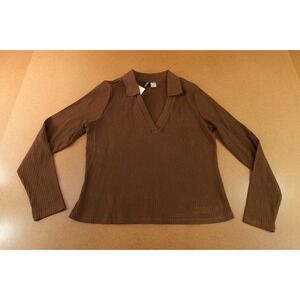 Divided By H&M Womens 2X-Large Dark Brown Ribbed Knit Long Sleeve Polo Top NWT